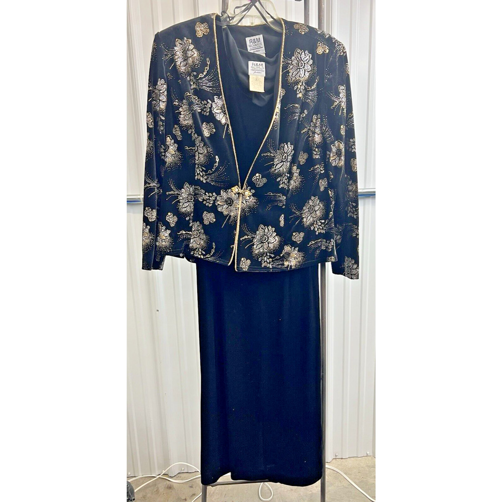 R&M Richards Stretch Velvet Metallic Jacket Evening Dress Gown Black Gold‎ 12P